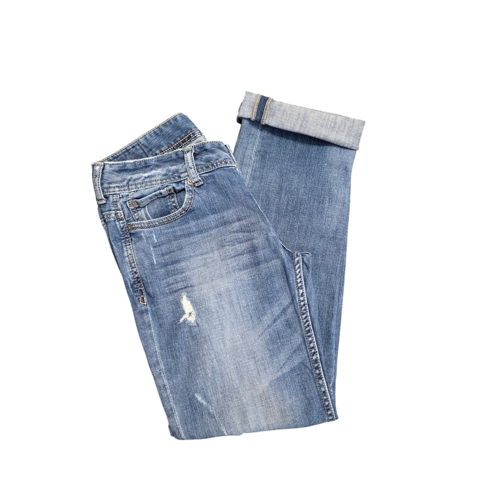 Express Blue Boyfriend Jeans with Distressing and Cuffed Hem
